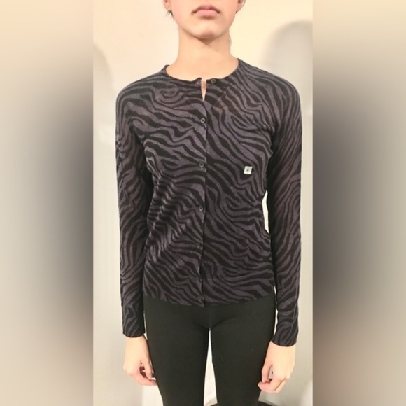 NWT ANN TAYLOR LOFT Purple Black Animal Print LS Button Cardigan Medium - Picture 1 of 5
